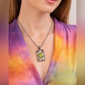 Multi CZ Pendant Box Chain Necklace Silver Tone 11” Drop Contemporary